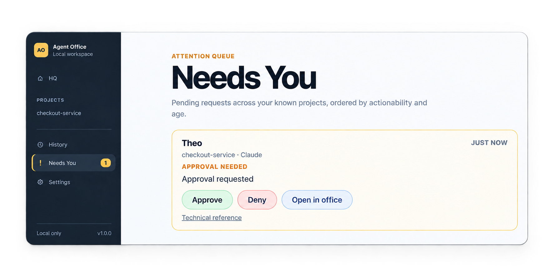 The AgentVis Needs You interface showing agents waiting for human attention.